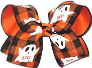 Large Boo Ghosts on Black and Orange Check over Orange Double Layer Overlay Bow